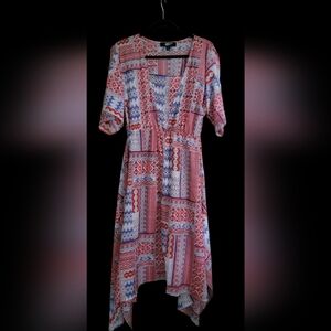 Chic Patchwork Midi Dress in Red and Blue